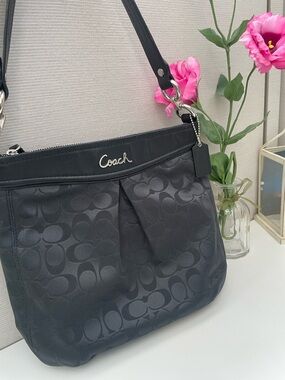 Coach Black Signature Nylon Shoulder Bag with Silver Hardware